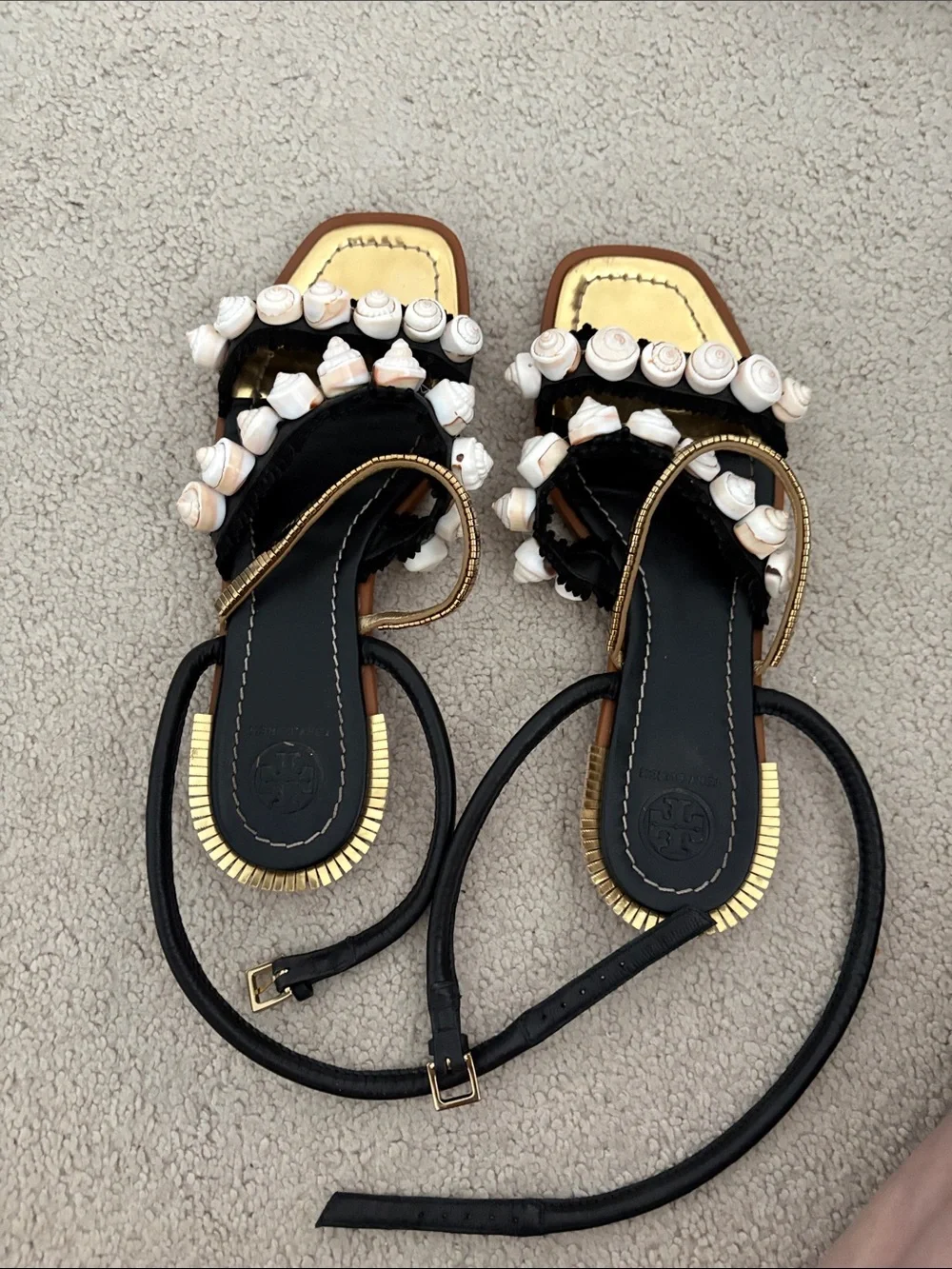 Tory Burch Black Leather Shell-Embellished Ankle-Tie Sandals
